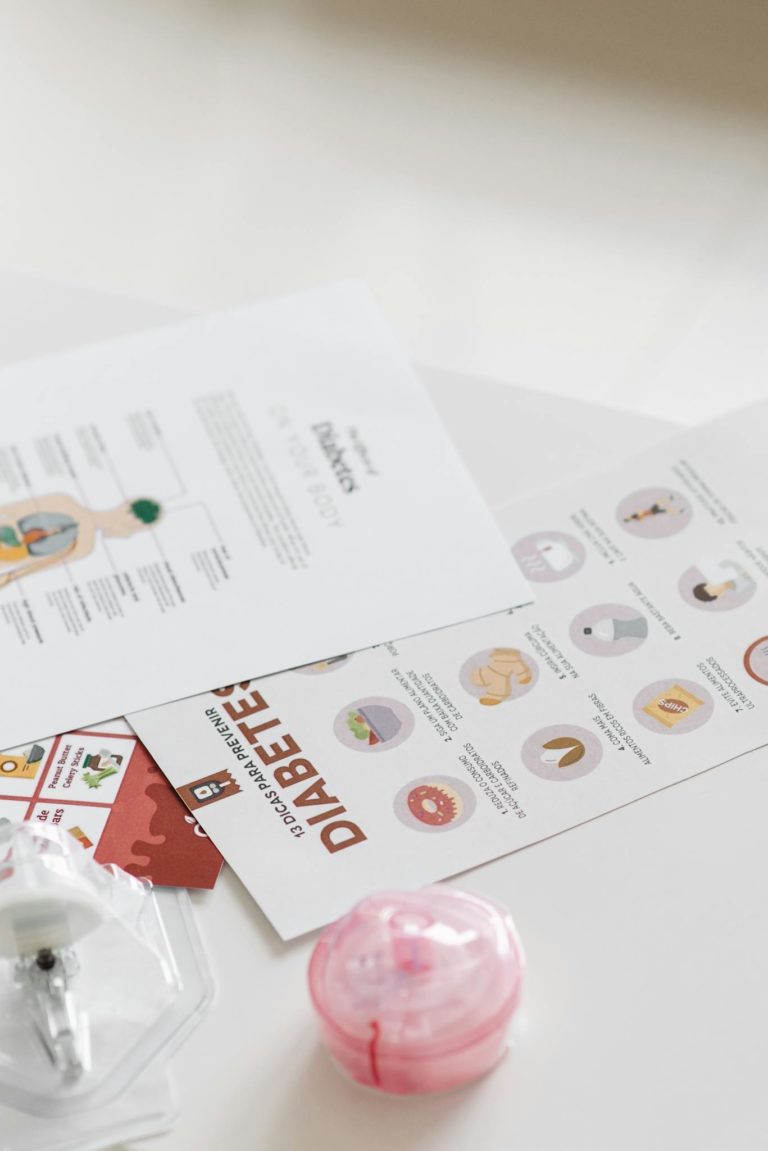 Informative leaflets focusing on diabetes awareness and care with healthcare details.